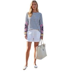 Boden Blue White Stripe Embroidered Floral Long Sleeve Top Shirt Cotton Women 10